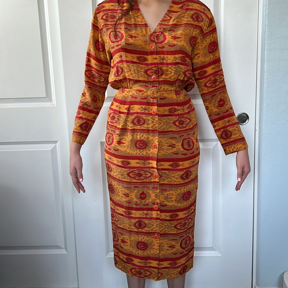 vtg 70s 80s silk I MAGNIN orange red tan ikat midi dress pockets 10 M L